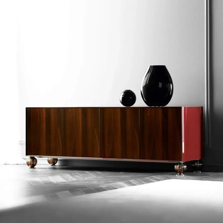 Distinguished Costantini Pietro Ambassador sideboard with warm brown “Castagno Toscano” beech wood and burgundy sides in high-gloss finish