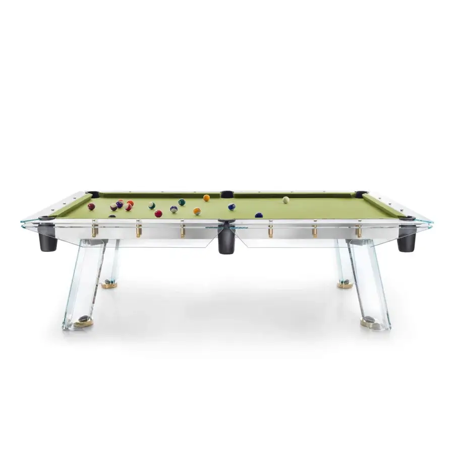Exclusive Impatia Filotto pool table with Italian slate, Simonis cloth and sleek chrome with clear glass side panels