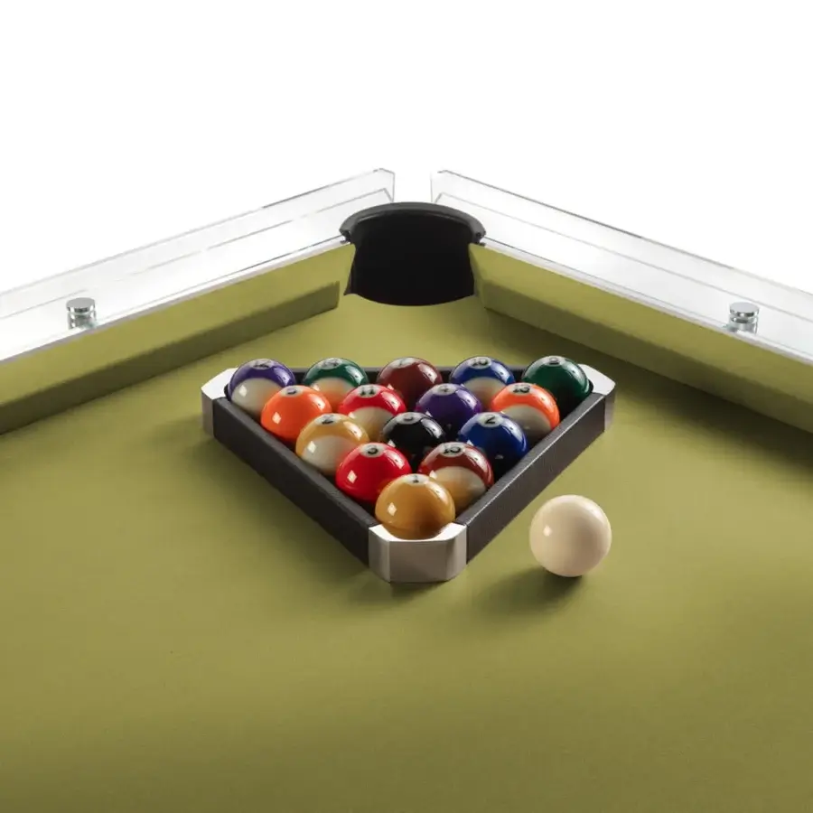 Elegant Impatia Filotto pool table with Italian slate, smooth Simonis cloth and light-colored wood with satin finish