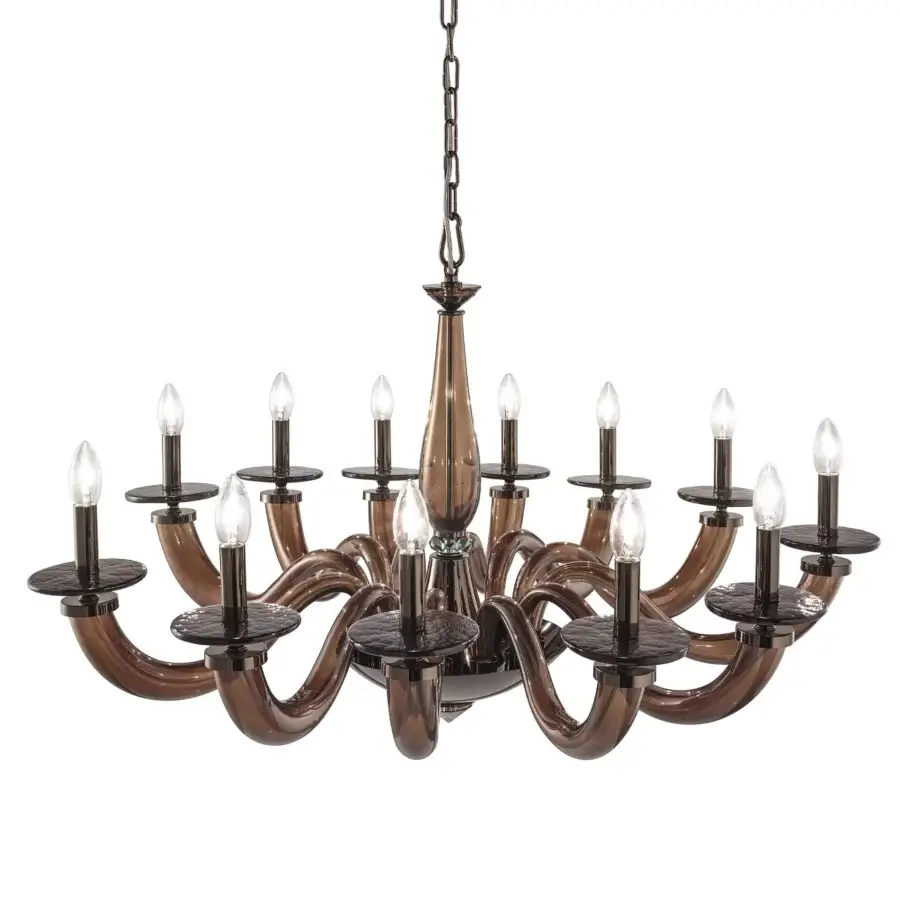 Exquisite Euroluce Olympia chandelier handcrafted in Italy with warm brown finish, viridian crystal and glass