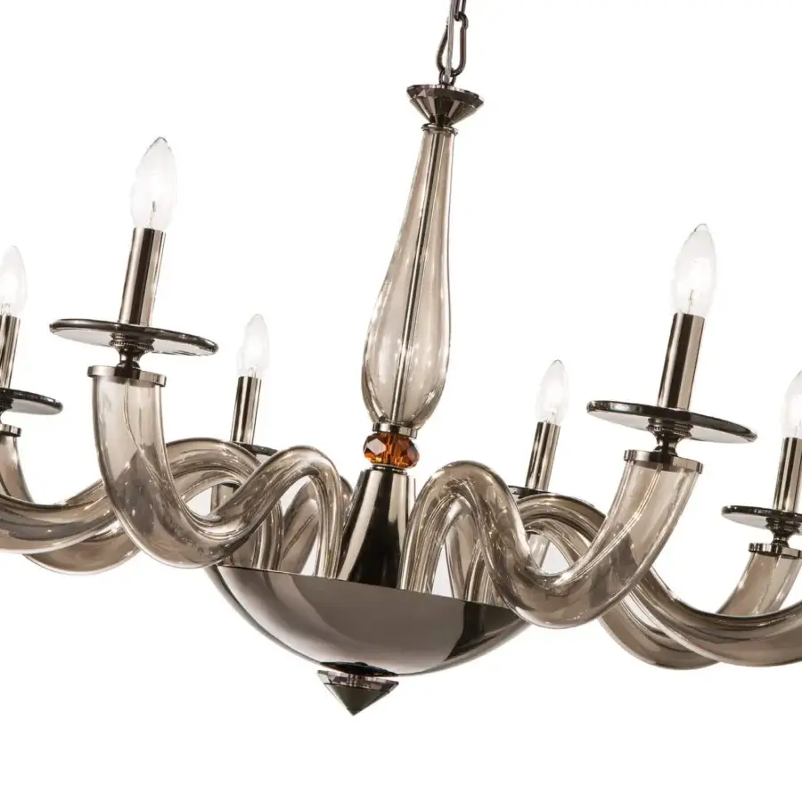 Exceptional Euroluce Olympia chandelier in black nickel with fumé glass and topaz crystal, handcrafted in Italy