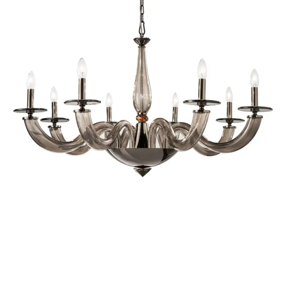 Superior Euroluce Olympia chandelier in black nickel with fumé glass and radiant topaz crystal accents crafted in Italy