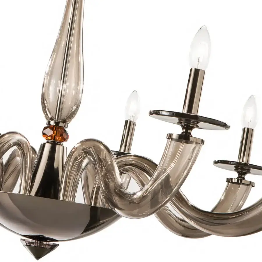 Superior Euroluce Olympia chandelier in black nickel with fumé glass and topaz crystal showcasing sculpted arms crafted in Veneto and Tuscany, Italy