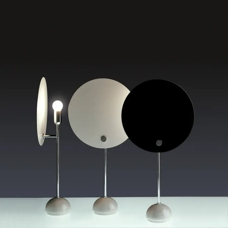 Superior Nemo Kuta table lamp with circular white shade and sleek polished chrome metal stem built with a gray spherical base