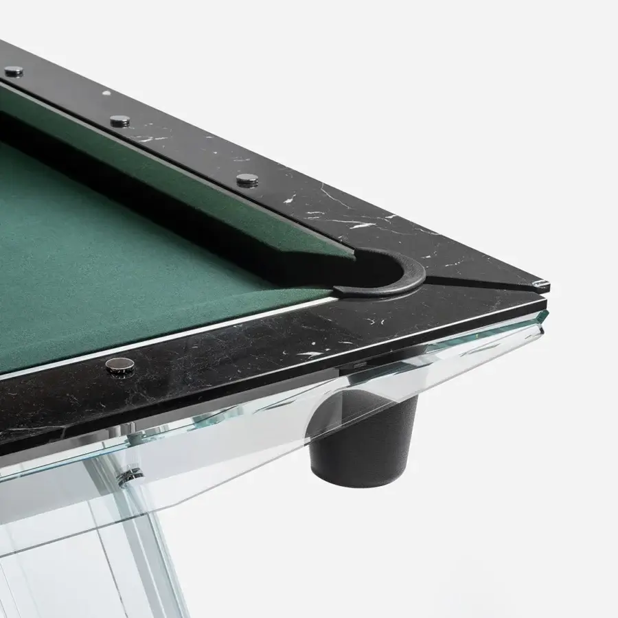 Distinguished Impatia Filotto pool table with polished Italian marble border, deep green playing surface and transparent glass legs