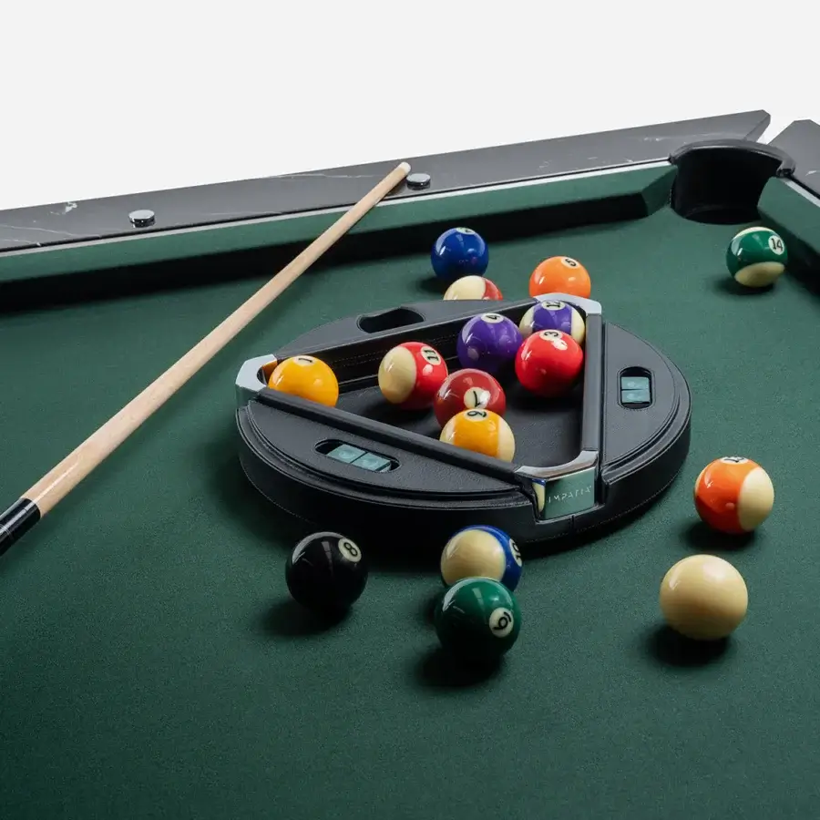 Exceptional Impatia Filotto pool table with glossy dark gray Italian marble body and vibrant green playing surface