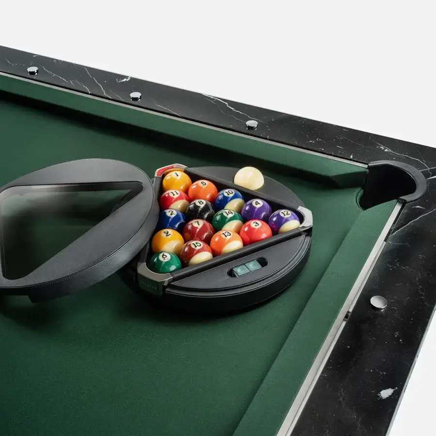 Elegant Impatia Filotto pool table with Italian slate base, dark wood frame, satin finish and vibrant green playing textile