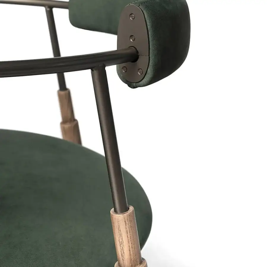 Distinguished Shake Frame armchair with varnished steel, solid ash wood details and dark green leather upholstery