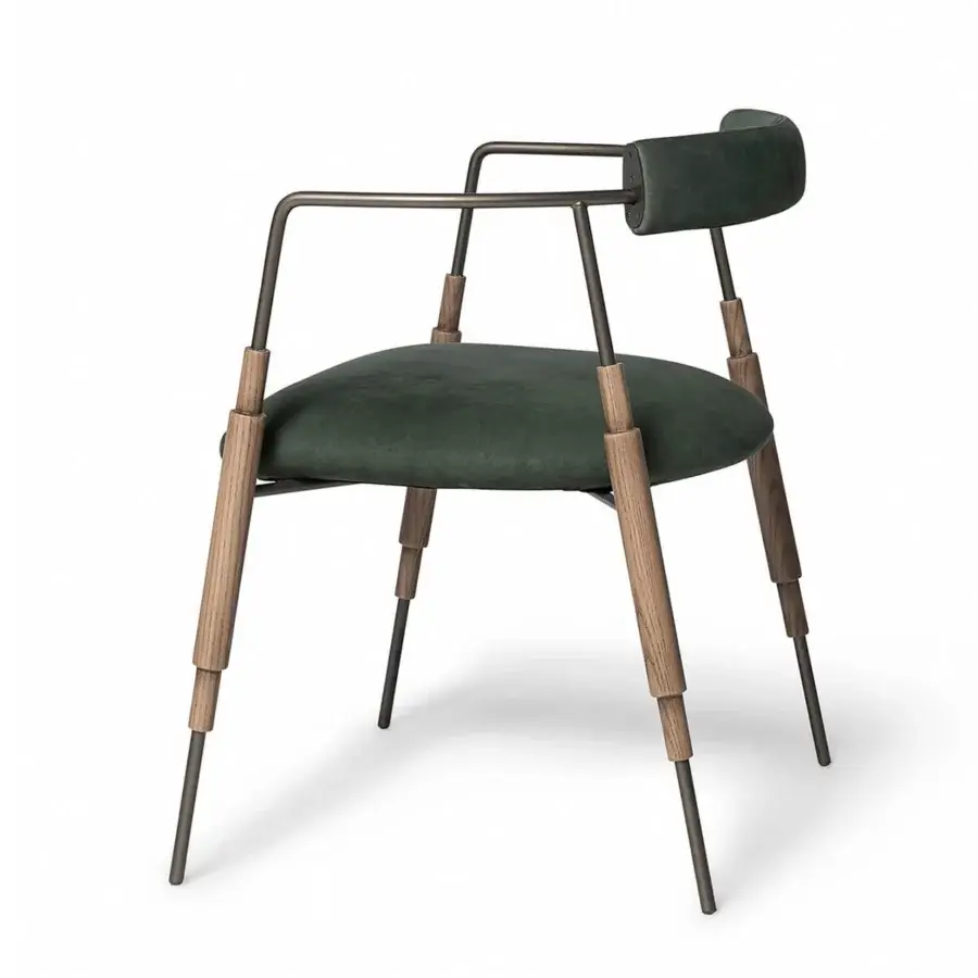 Superior Shake Frame armchair with varnished steel, solid ash wood and dark green textile upholstery