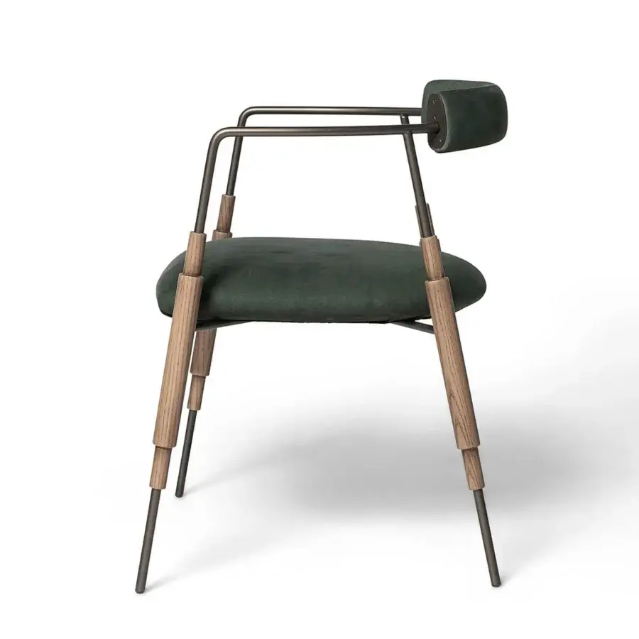 Distinguished Shake Frame armchair with varnished steel, solid ash wood and deep forest green textile upholstery