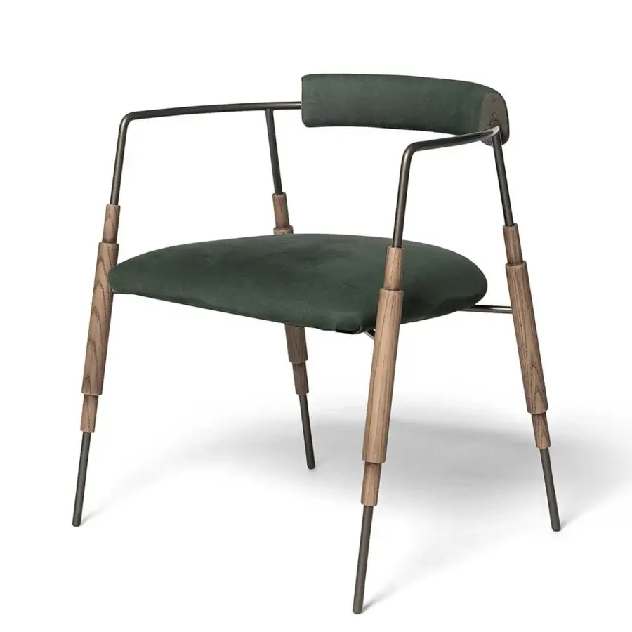 Exceptional Shake Frame armchair crafted with varnished steel, solid ash wood legs and muted dark green leather upholstery