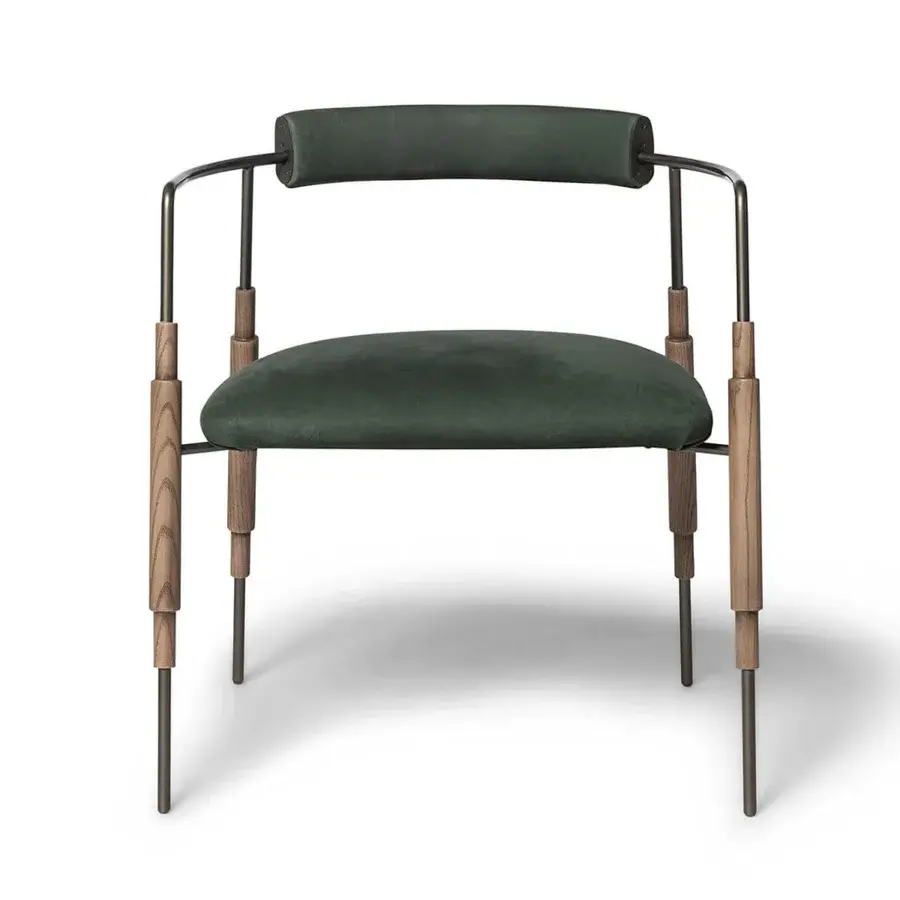 Elegant Shake Frame armchair with varnished steel, solid ash wood details and sumptuous deep green upholstery