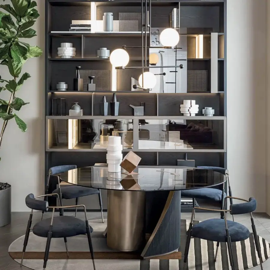 Elegant Shake Frame armchair with varnished steel, solid ash wood legs and deep blue matte fabric upholstery