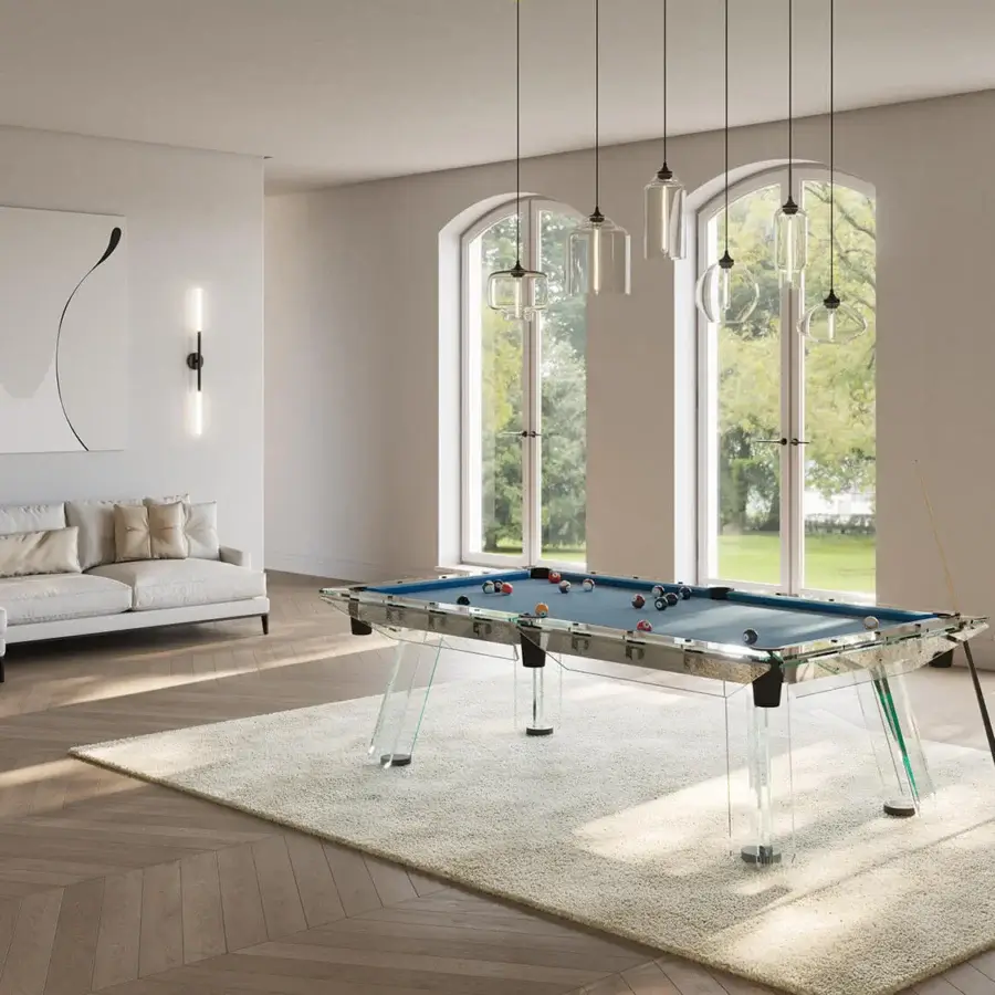 Elegant Impatia Filotto pool table with blue Simonis cloth, transparent glass-like material and sleek chrome joints