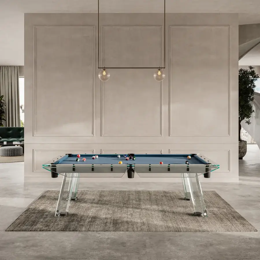 Distinguished Impatia Filotto pool table with teal Simonis cloth, metallic gray frame and genuine leather pockets crafted with a satin finish