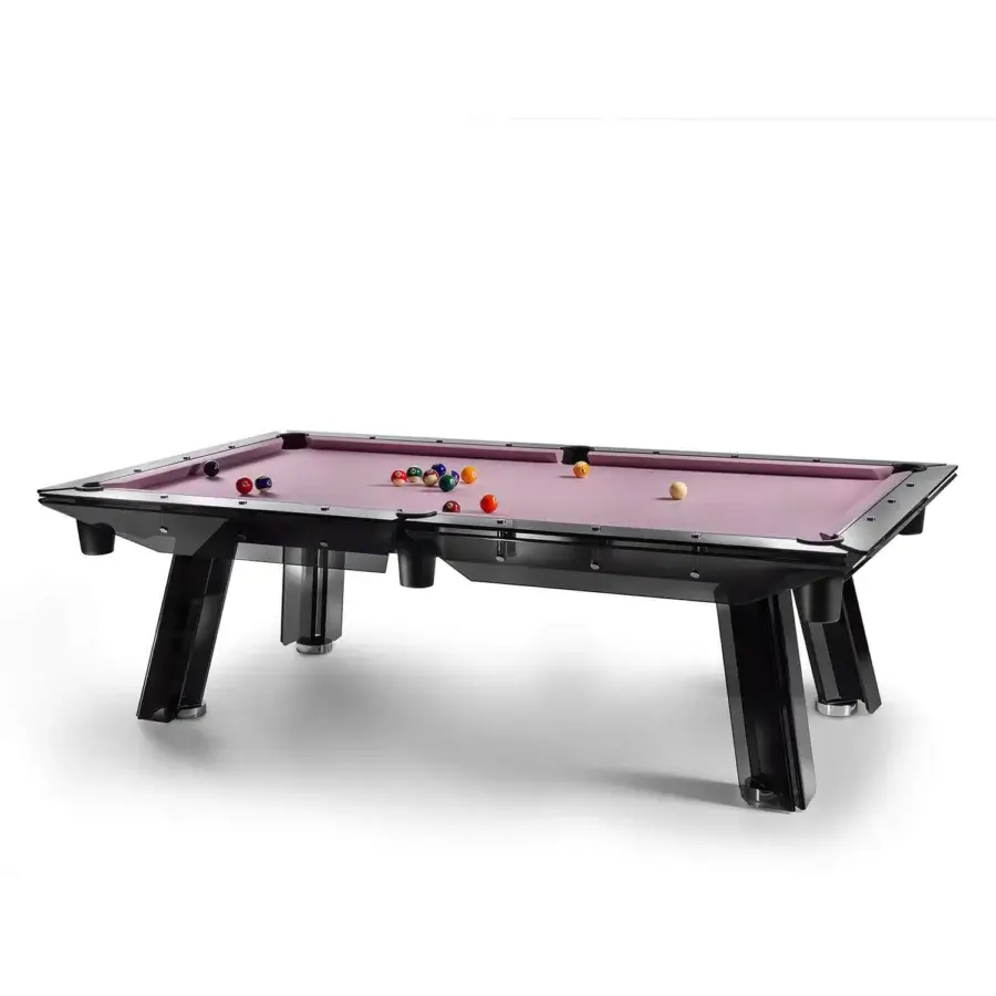 Superior Impatia Filotto pool table with lavender Simonis cloth, dark wood frame and smoked glass finish