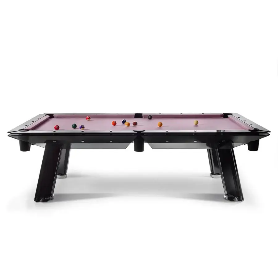 Captivating Impatia Filotto pool table with purple Simonis cloth, dark wood frame and sleek smoked glass finish