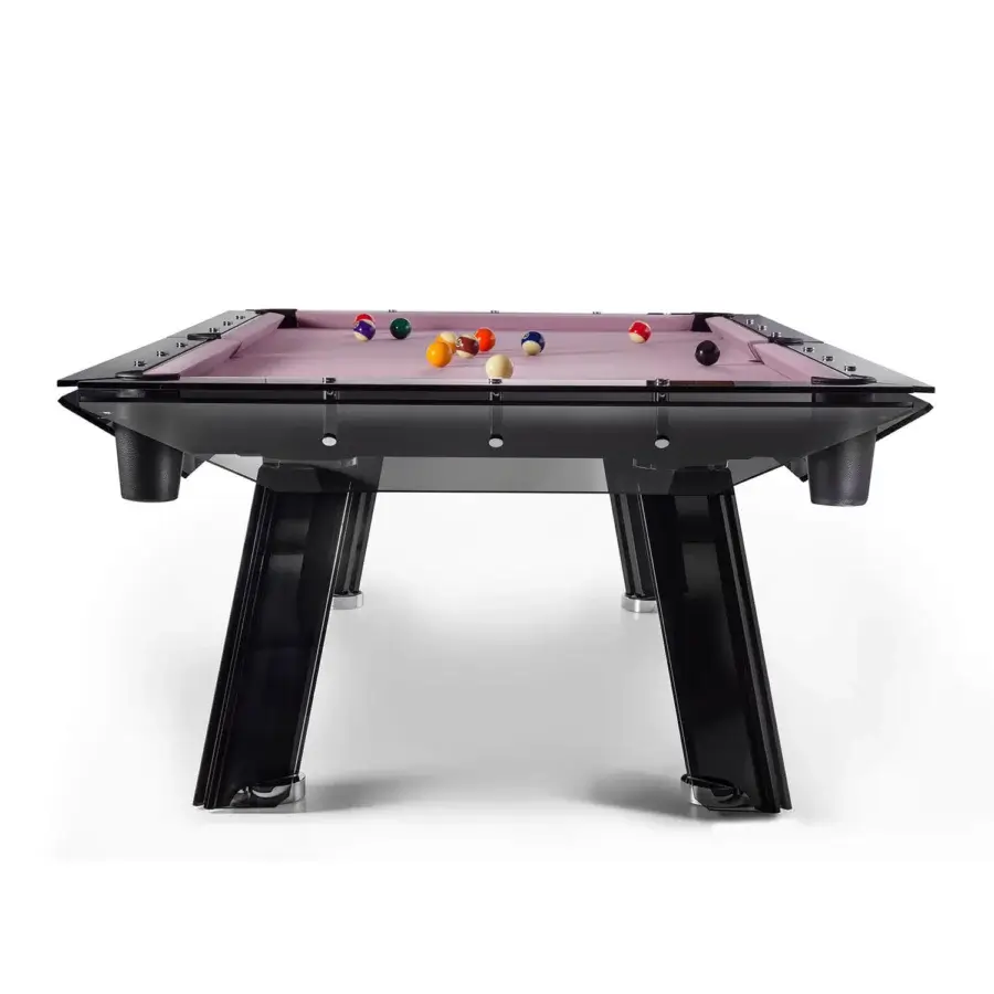 Exclusive Impatia Filotto pool table with subtle purple Simonis cloth, smoked glass, and dark wood frame