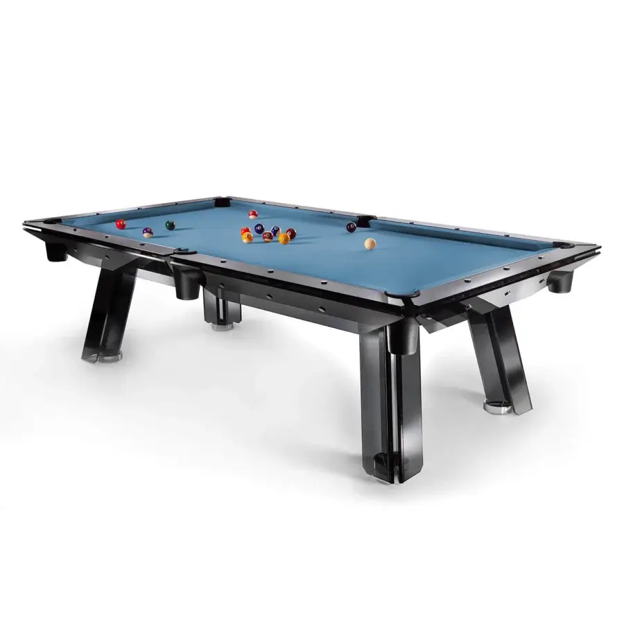 Distinguished Impatia Filotto pool table with dark wood frame, sleek smoked glass, customizable Simonis cloth and elegant leather pockets