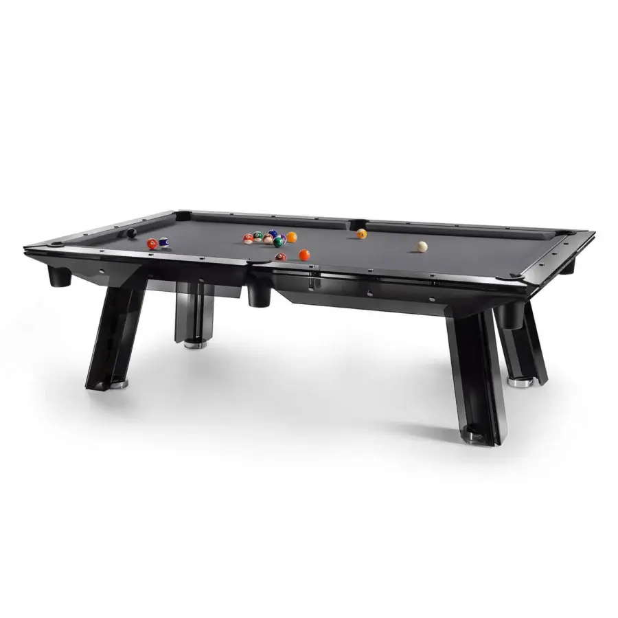 Superior Impatia Filotto pool table with dark wood frame, sleek smoked glass and satin finish