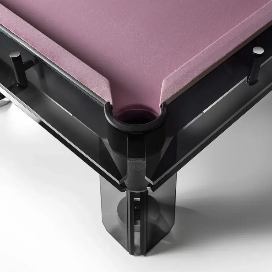 Captivating Impatia Filotto pool table with a dark glossy frame, purple Simonis cloth and elegant leather pockets