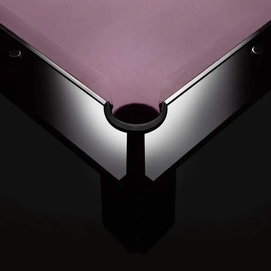 Exclusive Impatia Filotto pool table with hardwood frame, smoked glass finish and dark plum Simonis cloth pockets