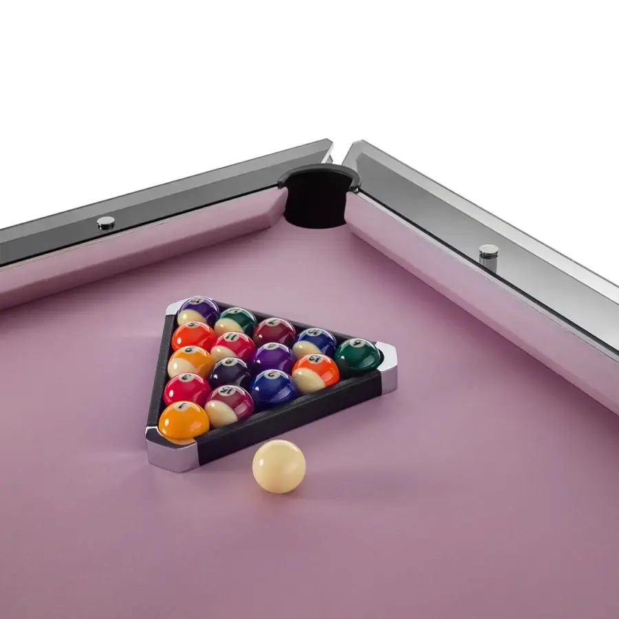 Distinguished Impatia Filotto pool table with a smoked glass finish and lavender Simonis cloth playing field crafted with leather pockets