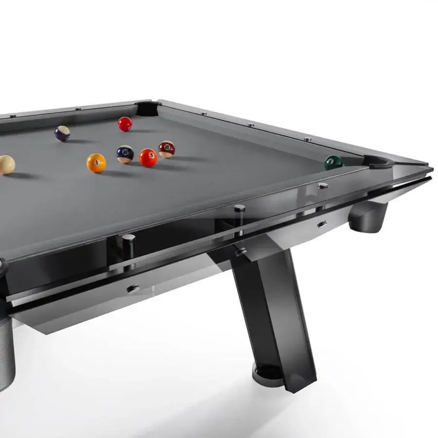 Elegant Impatia Filotto pool table with a slate base, leather pockets and smoked glass finish