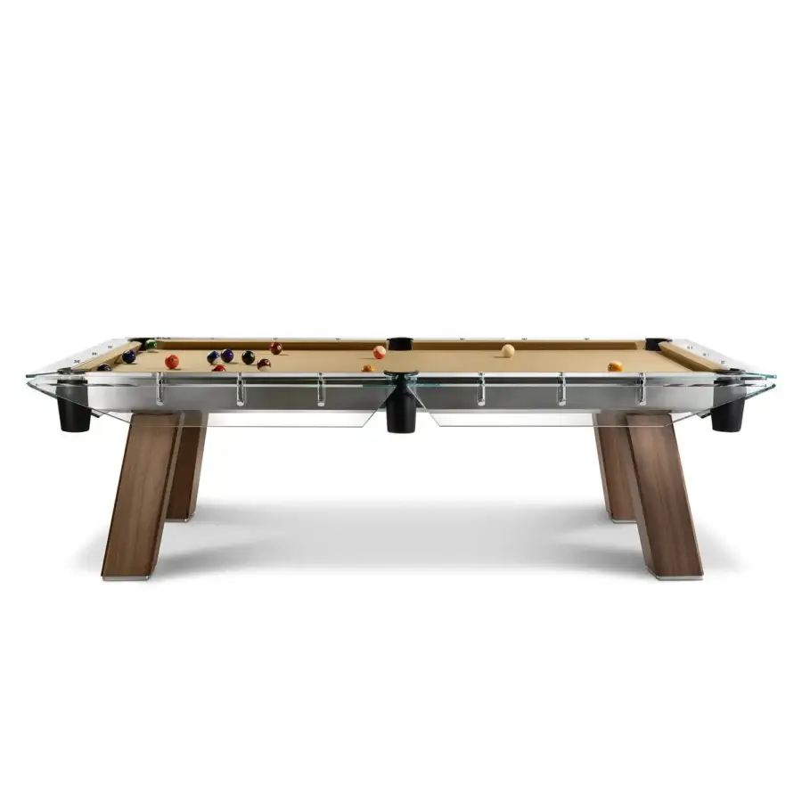 Distinguished Impatia Filotto Wood pool table with walnut legs and a transparent crystal frame built with a satin sheen