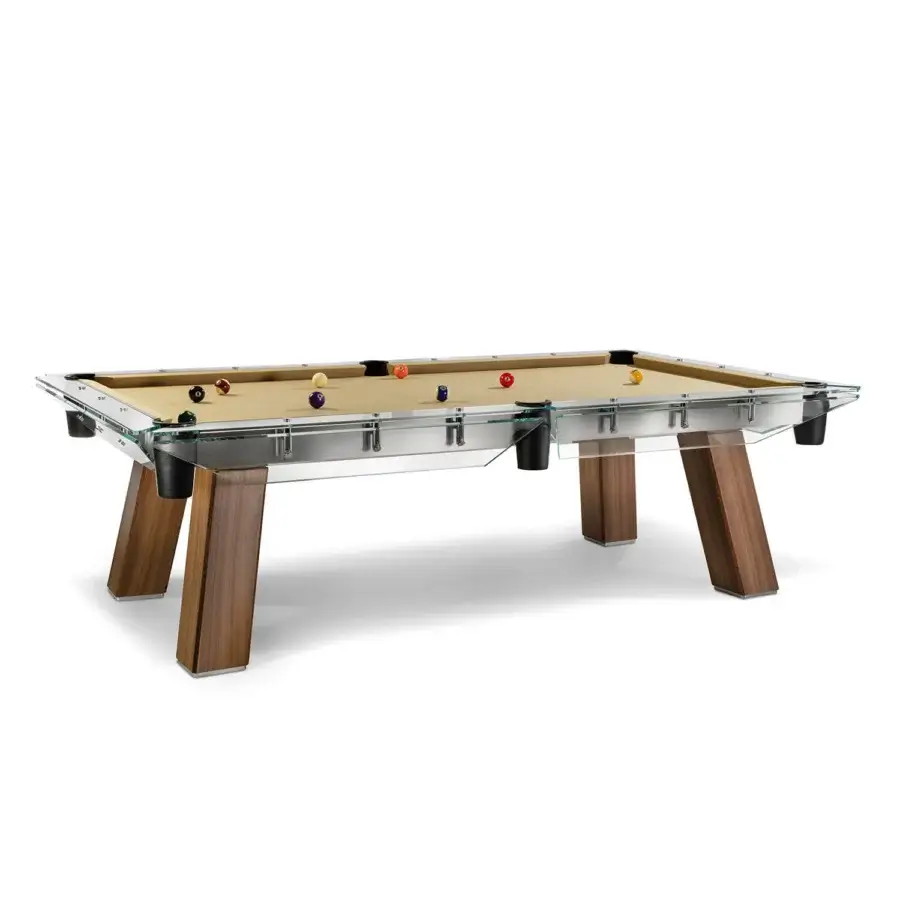 Exceptional Impatia Filotto Wood pool table with a clear glass frame and refined walnut legs in a satin finish