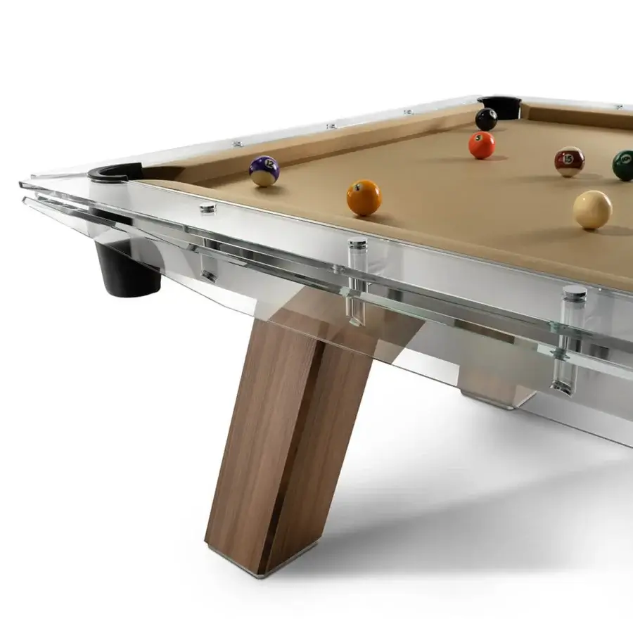 Distinguished Impatia Filotto Wood pool table crafted with Italian slate, walnut legs, tan Simonis cloth and transparent crystal with a satin sheen