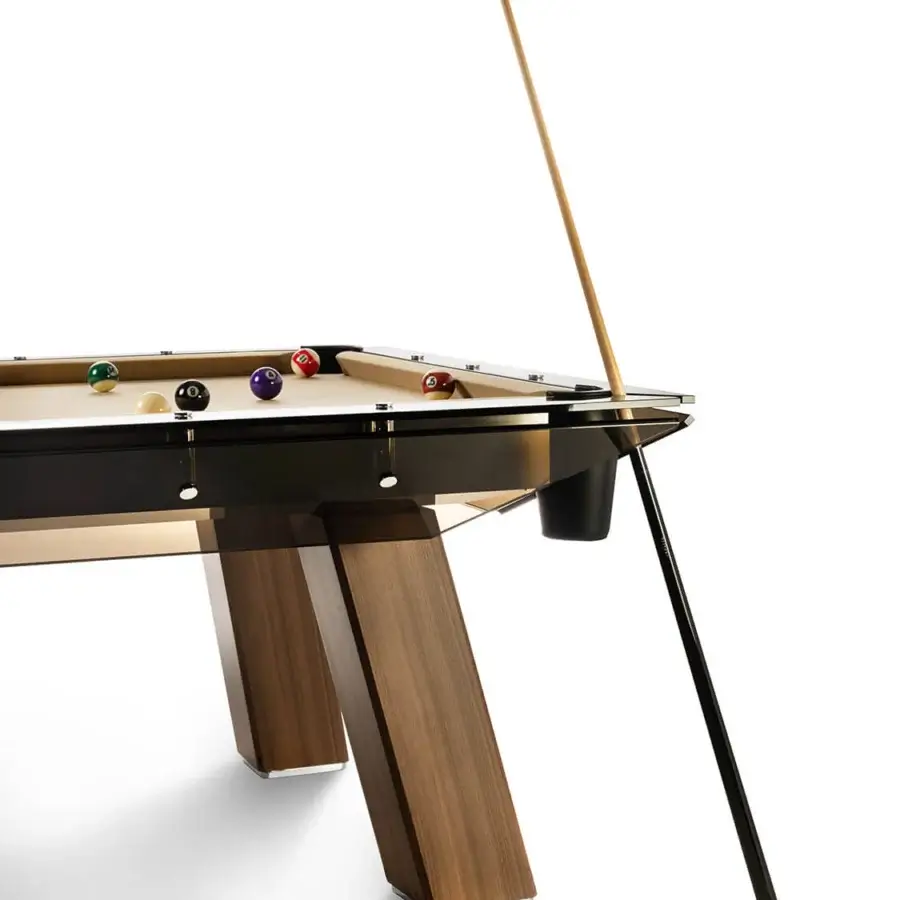 Sophisticated Impatia Filotto Wood pool table with walnut legs, transparent crystal, and a satin sheen finish