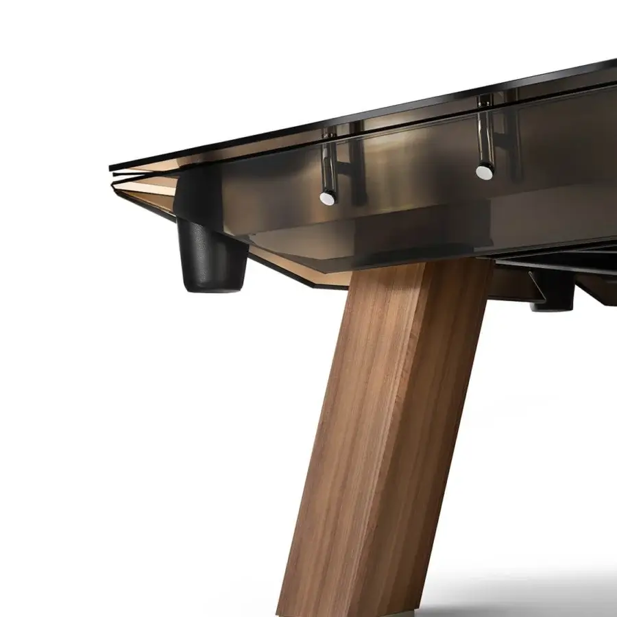 Luxury Impatia Filotto Wood pool table with refined walnut legs, transparent crystal playing surface, and satin sheen wooden base
