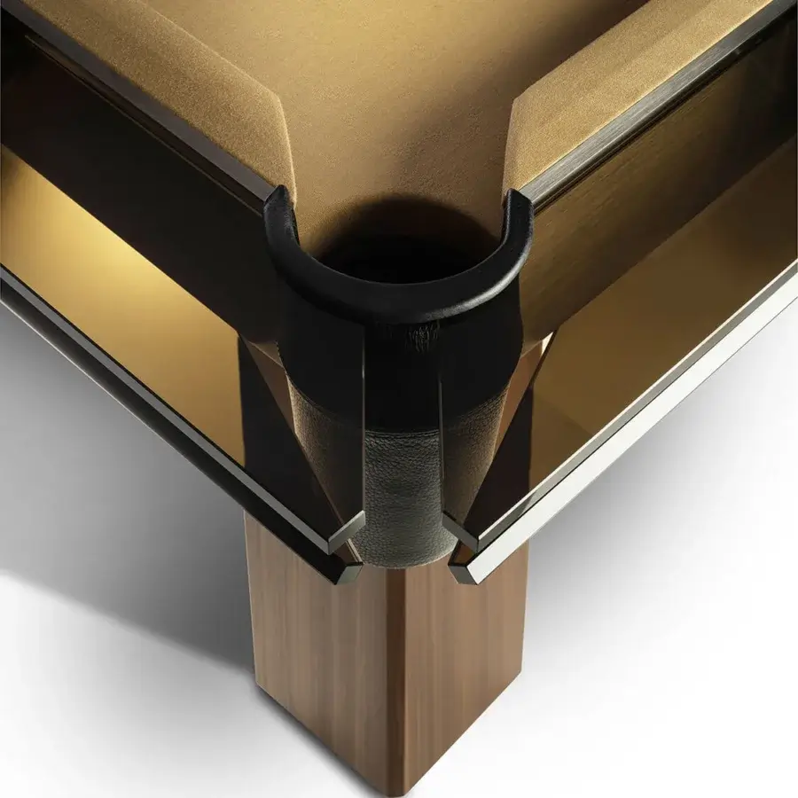 Exceptional Impatia Filotto Wood pool table with walnut legs, silver-colored metal trim, tan Simonis cloth and leather pockets in satin finish