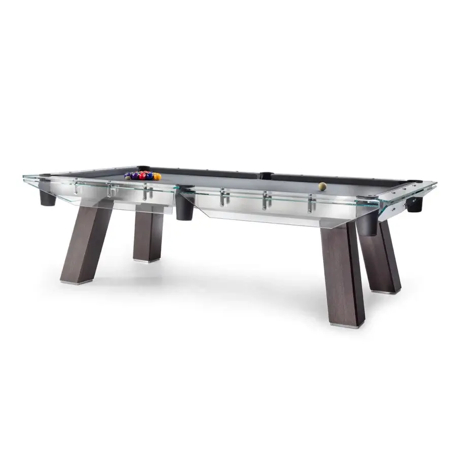Distinguished Impatia Filotto Wood pool table with walnut legs, transparent crystal rail and dark blue Simonis cloth playing field in satin metallic finish