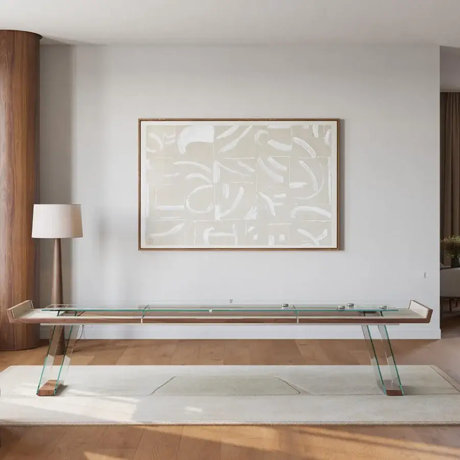 Elegant Impatia Scivolo Wood shuffleboard built in dark oak wood with a smooth satin glass playing surface and clear supports