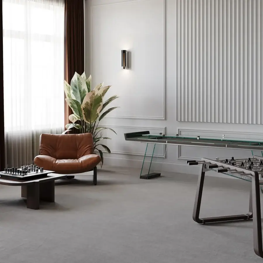 Superior Impatia Scivolo Wood shuffleboard with a satin finish in warm brown wood and a gunmetal gray metal base