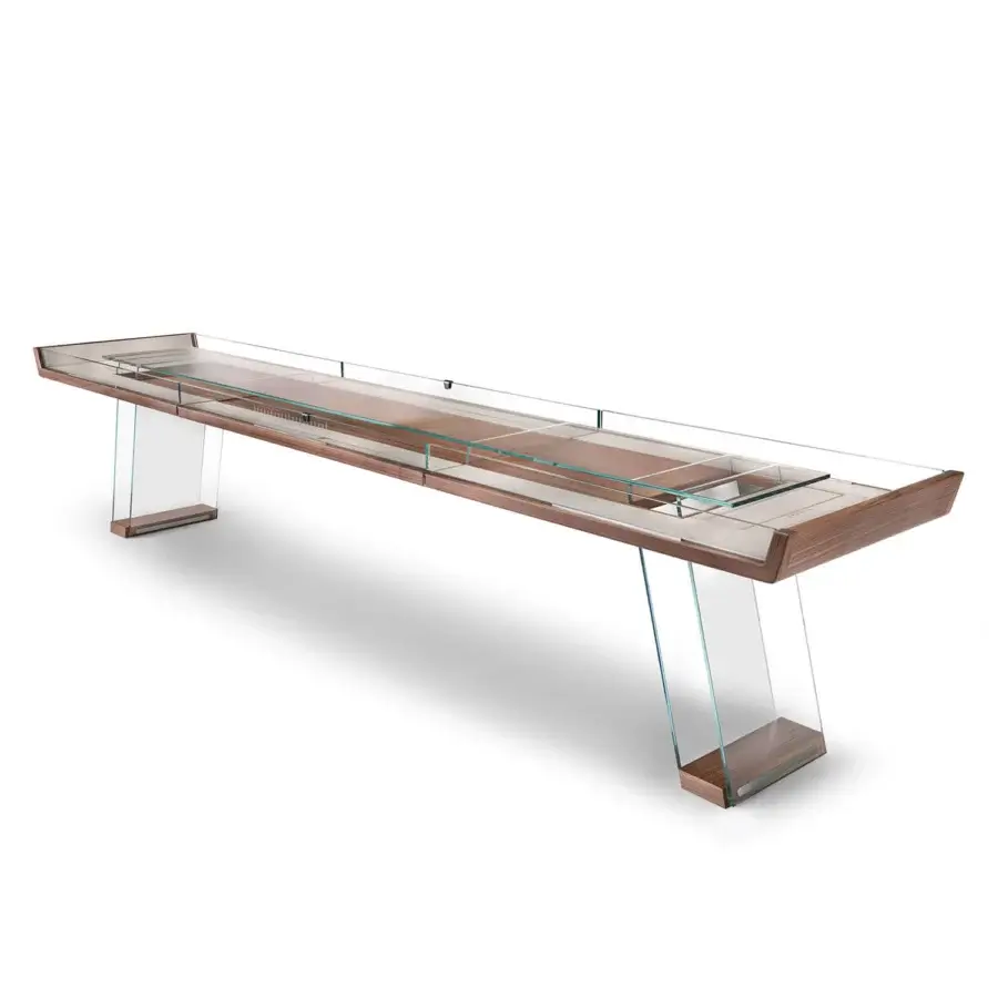Exceptional Impatia Scivolo Wood shuffleboard built in dark oak wood with a smooth satin surface and transparent glass sides