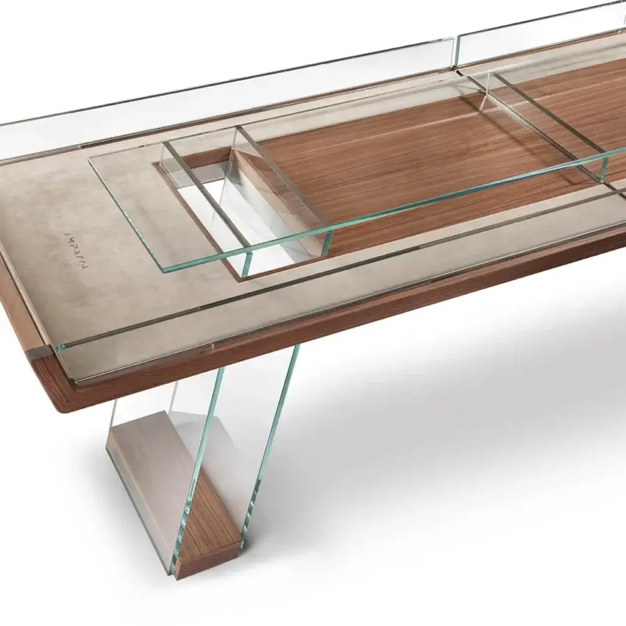 Elegant Impatia Scivolo Wood shuffleboard crafted in dark oak wood with transparent glass panels and a satin finish