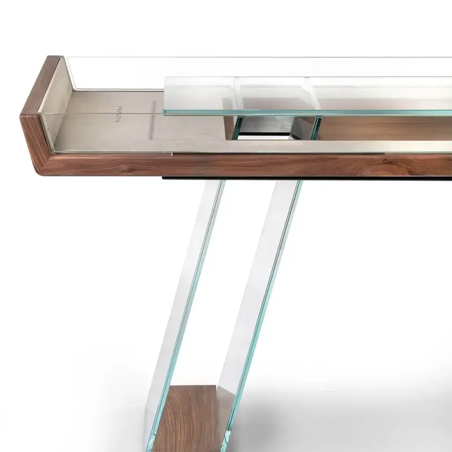 Exceptional Impatia Scivolo Wood shuffleboard built in dark oak wood with clear glass supports and satin finish