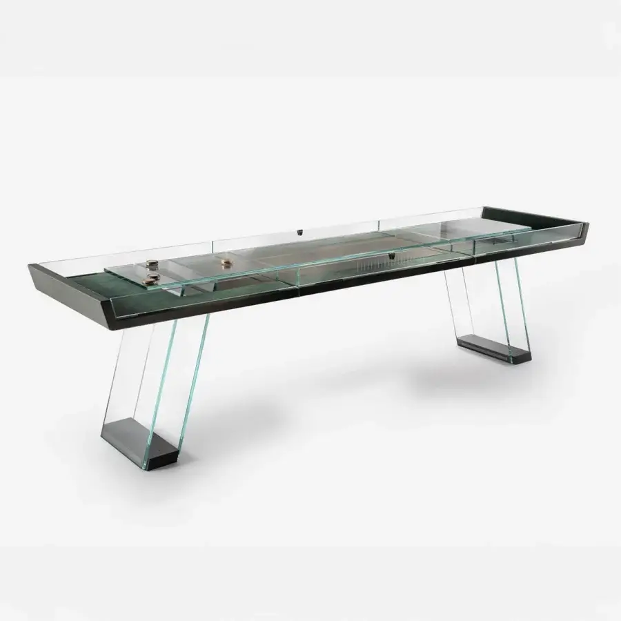 Superior Impatia Scivolo Wood shuffleboard built in dark oak wood with clear glass supports and a satin finish