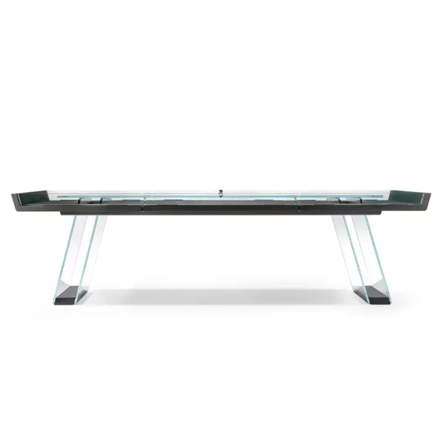 Elegant Impatia Scivolo Wood shuffleboard crafted in dark oak wood with a clear glass playing surface and transparent legs
