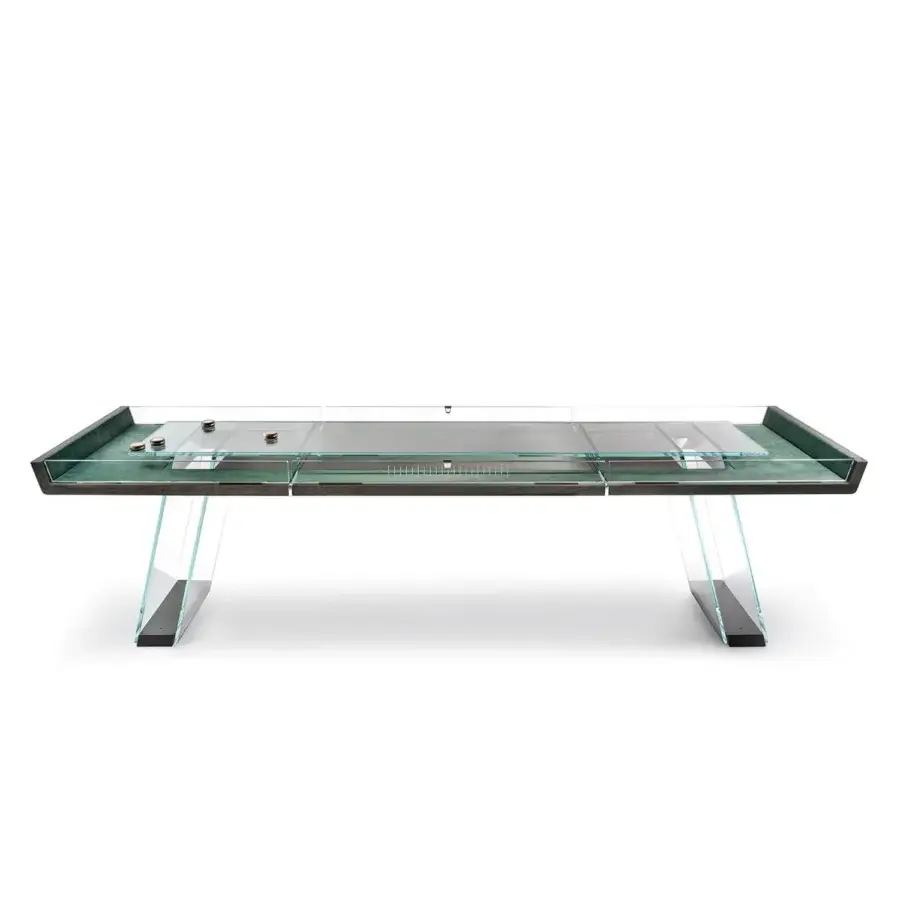 Distinguished Impatia Scivolo Wood shuffleboard built in dark oak wood with saturated teal green felt and transparent acrylic legs