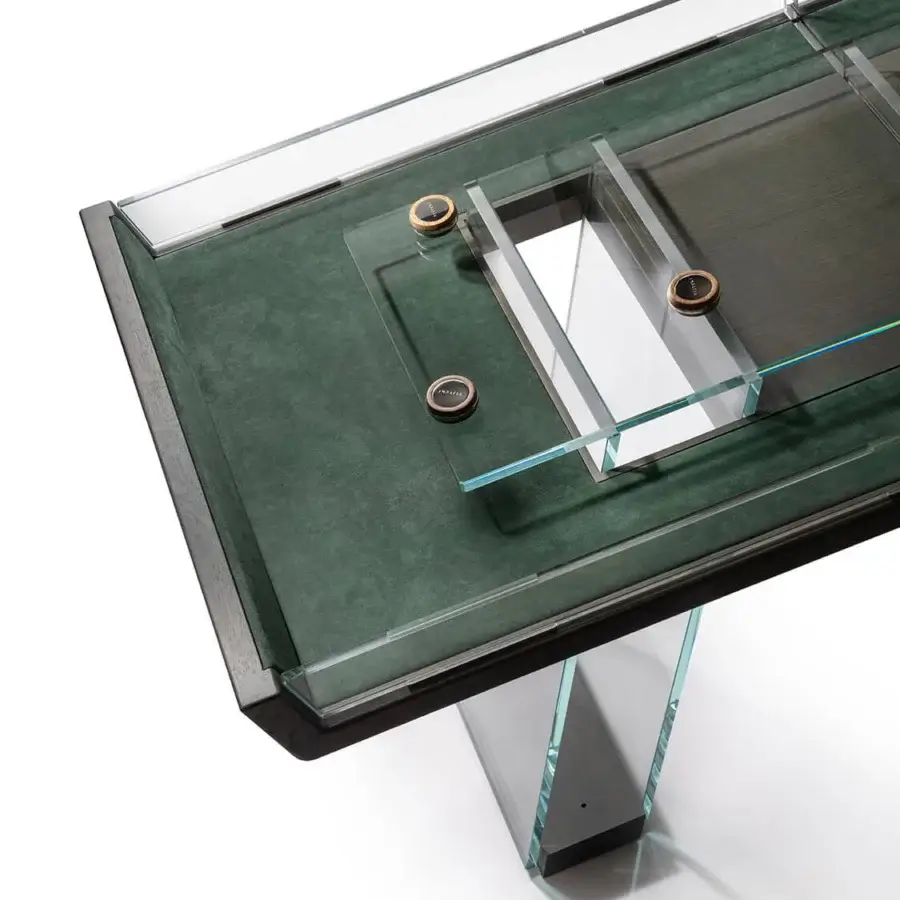 Exceptional Impatia Scivolo Wood shuffleboard built in dark oak wood with a dark green playing surface and clear glass rails