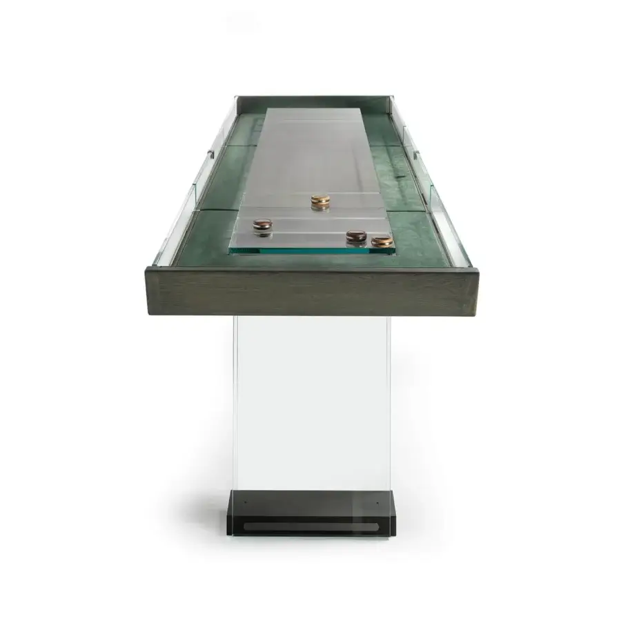 Superior Impatia Scivolo Wood shuffleboard built in muted green-grey wood with dark oak finish and transparent glass side panels