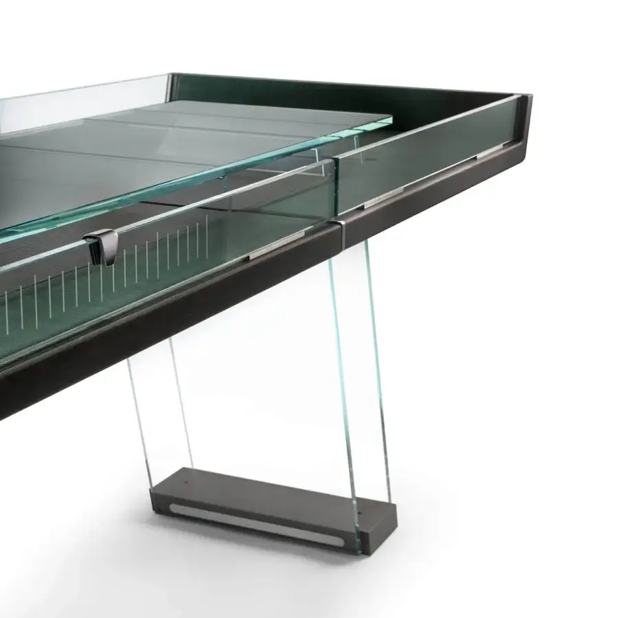 Elegant Impatia Scivolo Wood shuffleboard crafted in dark oak wood with a smooth glass playing surface and clear glass legs