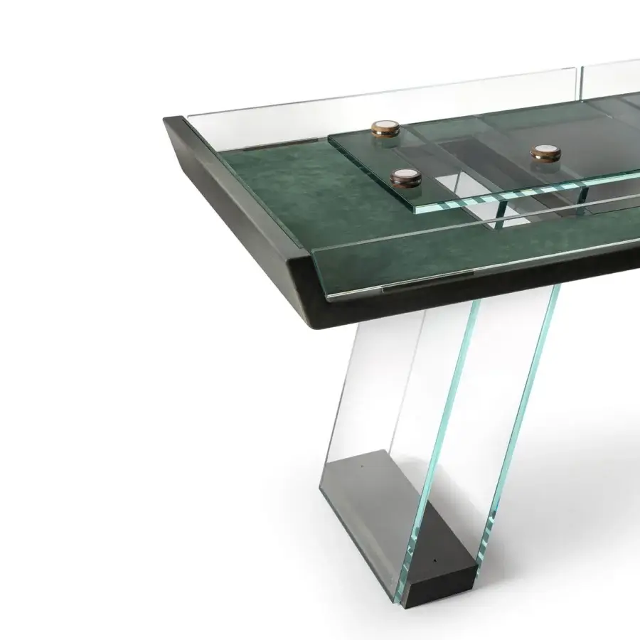 Distinguished Impatia Scivolo Wood shuffleboard built in dark oak wood with a textured dark green playing surface and clear glass legs
