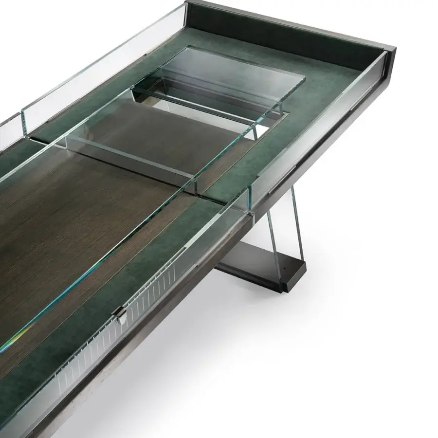 Exceptional Impatia Scivolo Wood shuffleboard built in dark oak wood with a sleek green frame and clear glass panels