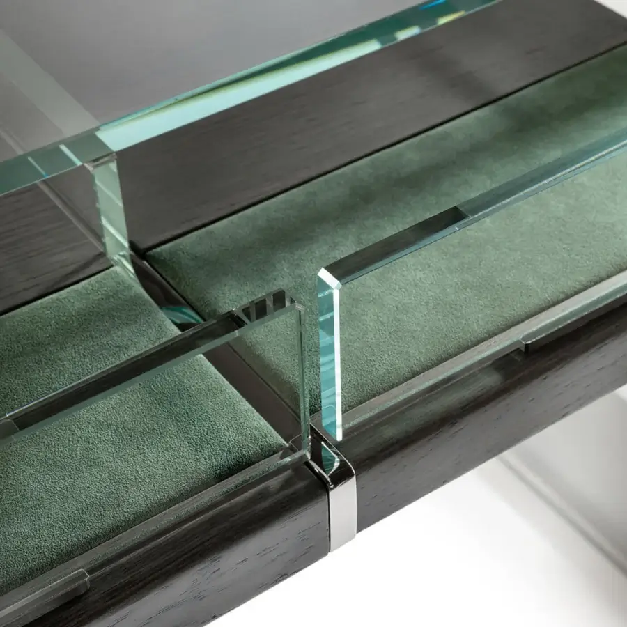 Superior Impatia Scivolo Wood shuffleboard built in dark oak wood with transparent glass drawer fronts revealing green interiors