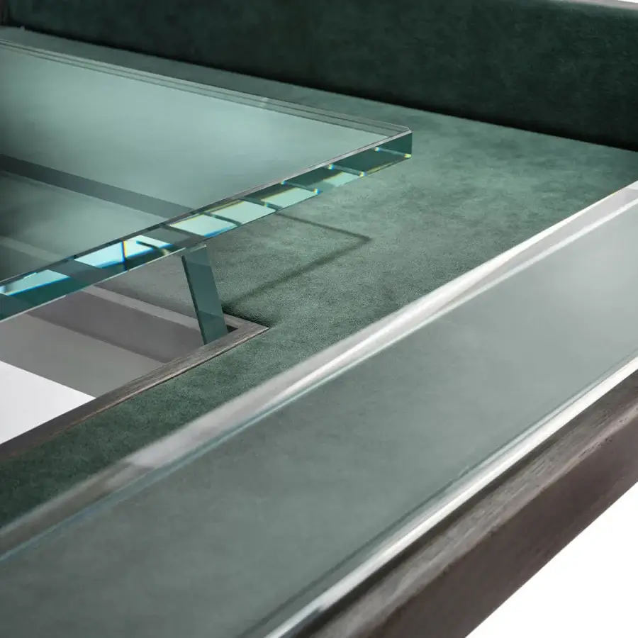 Elegant Impatia Scivolo Wood shuffleboard crafted in dark oak wood with dark teal felt and a clear glass insert